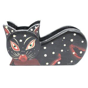 FOLK ART WOOD CARVED PAINTED BLACK SPOTTED CAT IMAGE NAPKIN/MAIL HOLDER VINTAGE